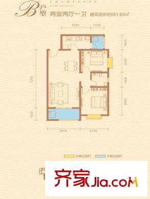 香繽國(guó)際城11號(hào)樓B戶型圖 2室2廳1衛(wèi)1廚