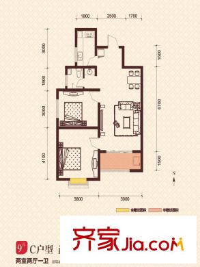 香繽國(guó)際城9#樓C戶型圖 2室2廳1衛(wèi)1廚