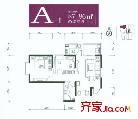 泰華紫落瀾庭戶型圖A1戶型 2室2廳1衛(wèi)1廚