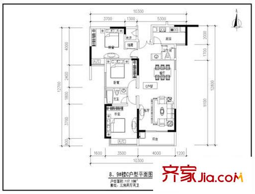 中登城市花園戶型圖八、九號樓C戶型 3室2廳2衛(wèi)1廚