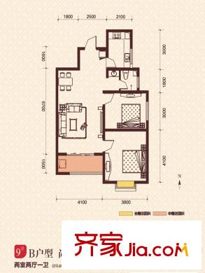 香繽國(guó)際城9#樓B戶型圖 2室2廳1衛(wèi)1廚