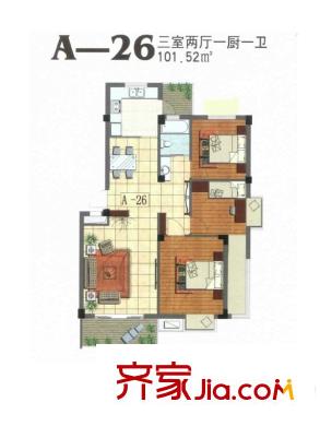 東華花園一期a26戶型 3室2廳1衛(wèi)1廚