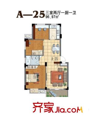 東華花園一期a25戶型 3室2廳1衛(wèi)1廚