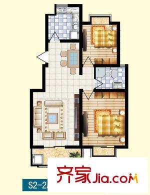 泉順北岸生活S2-2a戶型圖 2室2廳1衛(wèi)1廚