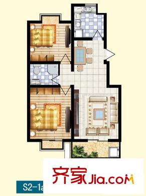 泉順北岸生活S2-1a戶型圖 2室2廳2衛(wèi)1廚