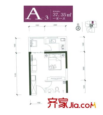 泰華紫落瀾庭戶型圖A3戶型 1室1廳1衛(wèi)1廚