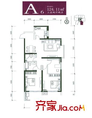 泰華紫落瀾庭戶型圖A6戶型 3室2廳2衛(wèi)1廚