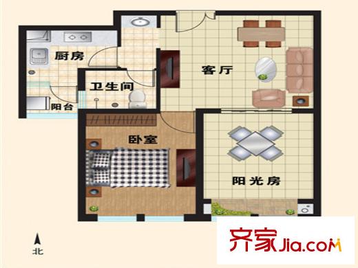 月瀾錦程一期高層B戶(hù)型 1室1廳1衛(wèi)1廚