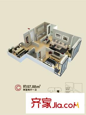 金泰?新理城C-2三維戶型 2室2廳1衛(wèi)1廚
