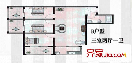 皇城西岸戶(hù)型圖B戶(hù)型 3室2廳1衛(wèi)1廚