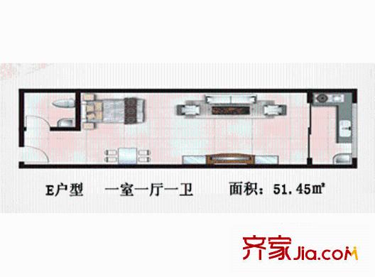 皇城西岸戶(hù)型圖E戶(hù)型 1室1廳1衛(wèi)1廚