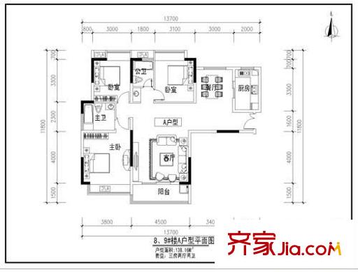 中登城市花園戶型圖八、九號樓A戶型 3室2廳2衛(wèi)1廚