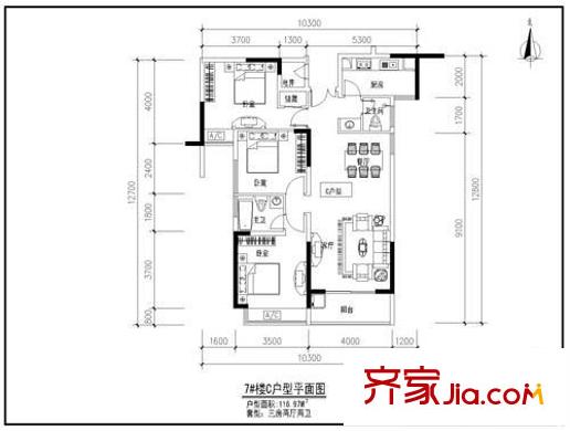 中登城市花園戶型圖七號樓C戶型 3室2廳2衛(wèi)1廚