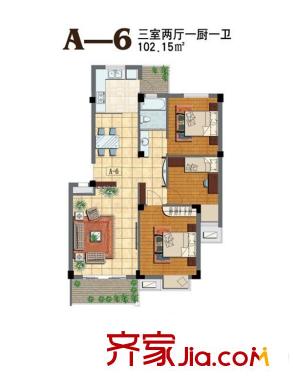 東華花園一期a6戶型 3室2廳1衛(wèi)1廚