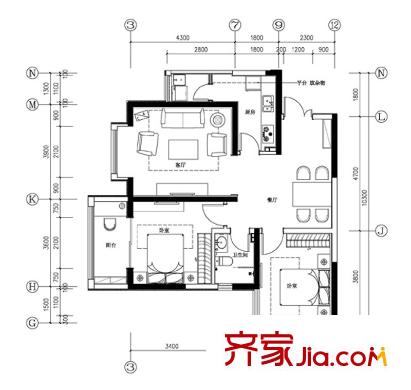 航天常青苑戶型圖1#-C標(biāo)準(zhǔn)層平面圖 2室2廳1衛(wèi)1廚