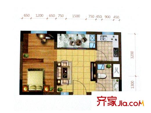 龍鳳花園一期高層C 戶型 1室1廳1衛(wèi)1廚