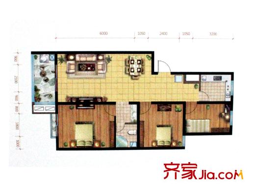 龍鳳花園一期高層E戶型 3室2廳1衛(wèi)1廚