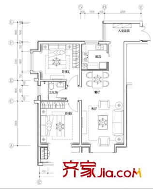 航天常青苑戶型圖1#-D平面圖標(biāo)準(zhǔn)層 2室2廳1衛(wèi)1廚