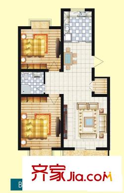 泉順北岸生活B2-1a戶型圖 2室2廳1衛(wèi)1廚