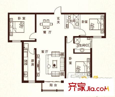 射擊場家屬院 3室 戶型圖