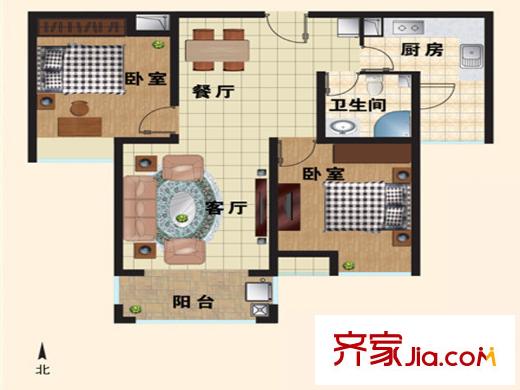 月瀾錦程一期高層B戶(hù)型 2室2廳1衛(wèi)1廚