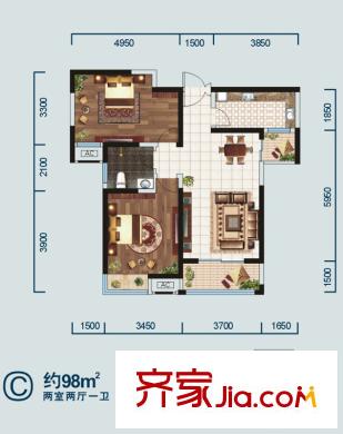 金泰?新理城C 戶型圖 2室2廳1衛(wèi)1廚