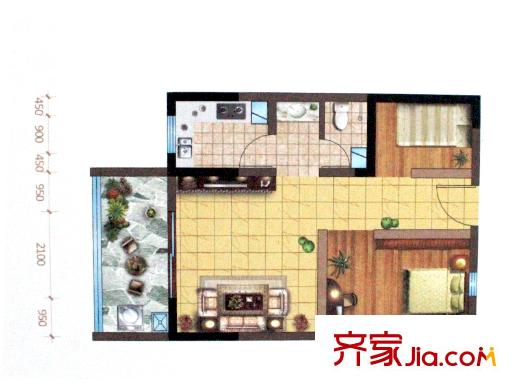 龍鳳花園一期高層F戶型 2室1廳1衛(wèi)1廚