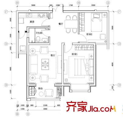 航天常青苑戶型圖1-E平面圖標(biāo)準(zhǔn)層 2室2廳1衛(wèi)1廚