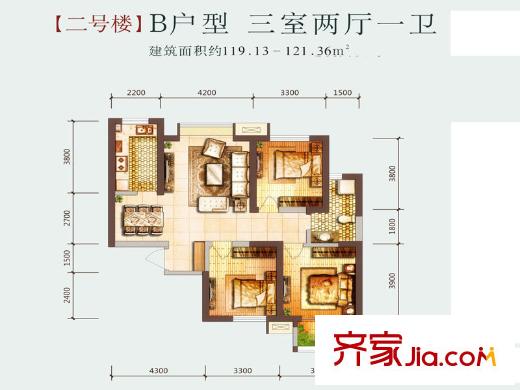 上和城B戶型（2號樓） 3室2廳1衛(wèi)1廚