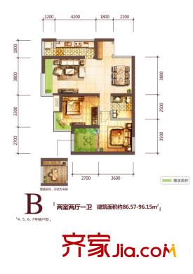 上和城B戶型（4、5、6、7號樓） 2室2廳1衛(wèi)1廚