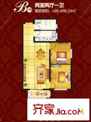 京都佳苑戶型圖1、2#樓B戶型 2室2廳1衛(wèi)1廚