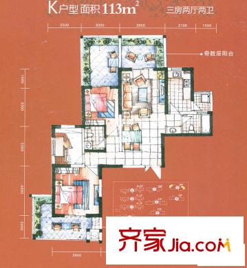 檀香園戶型圖K戶型 3室2廳2衛(wèi)1廚