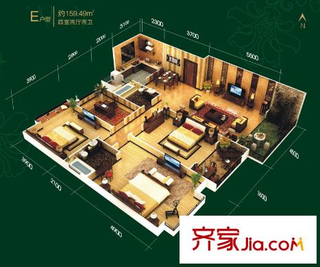 檀香園戶型圖洋房E戶型 4室2廳2衛(wèi)1廚
