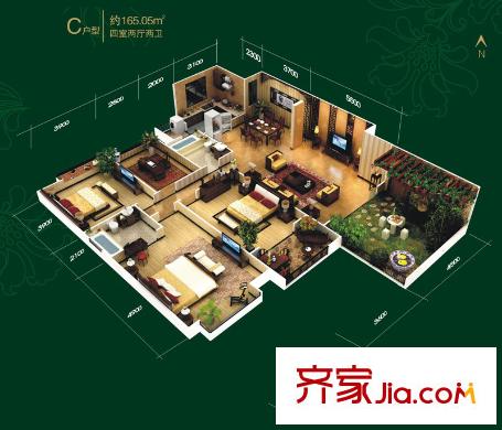 檀香園戶型圖洋房C戶型 4室2廳2衛(wèi)1廚