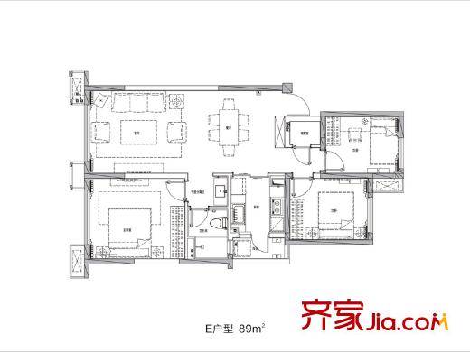 萬科金域華府戶型圖三期23#E戶型圖 3室2廳1衛(wèi)1廚