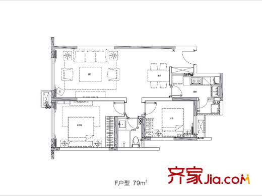 萬科金域華府戶型圖F戶型圖 2室2廳1衛(wèi)1廚