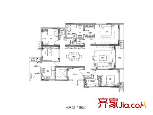 萬科金域華府戶型圖二期11#H戶型圖 4室2廳3衛(wèi)1廚