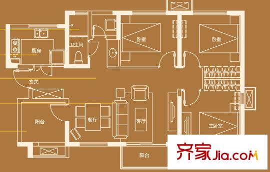 萬科金域華府戶型圖A戶型（已售完） 3室2廳1衛(wèi)1廚