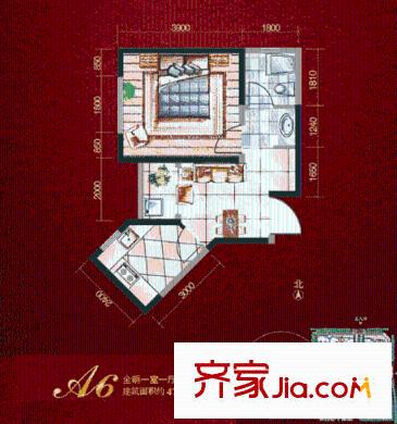 新一代北城國際戶型圖A6戶型圖 1室1廳1衛(wèi)1廚