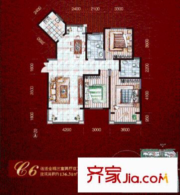 新一代北城國際戶型圖C6戶型圖 3室2廳2衛(wèi)1廚