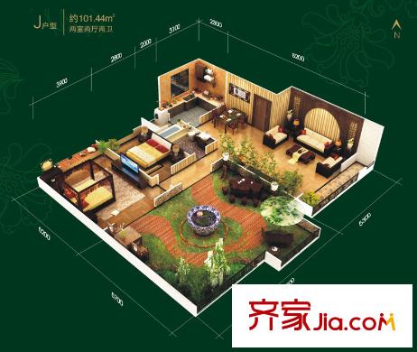 檀香園戶型圖洋房J戶型 2室2廳2衛(wèi)1廚