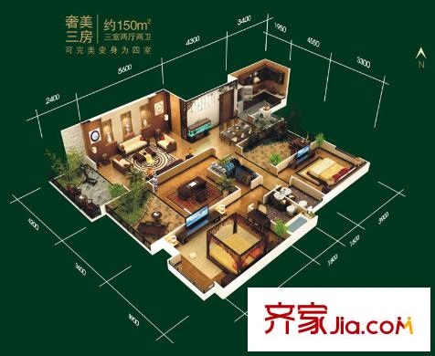 檀香園戶型圖小高層戶型 3室2廳2衛(wèi)1廚