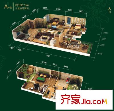 檀香園戶型圖洋房A戶型 3室5廳2衛(wèi)1廚