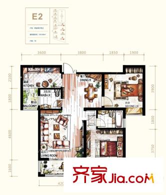 曲江風(fēng)景線(xiàn)戶(hù)型圖E2戶(hù)型 2室2廳2衛(wèi)1廚