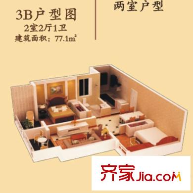 大興御景園一期8#、9#、10#3B戶型 2室2廳1衛(wèi)1廚