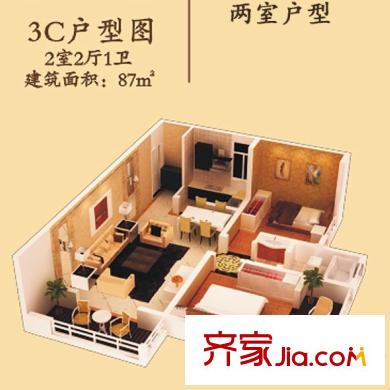 大興御景園一期8#、9#、10#3C戶型 2室2廳1衛(wèi)1廚