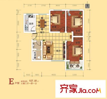 錦尚云天?古鎮(zhèn)1號樓/2號樓E戶型 3室2廳1衛(wèi)1廚