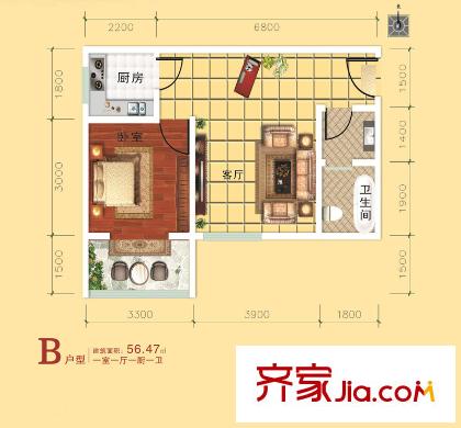 錦尚云天?古鎮(zhèn)1號(hào)樓/2號(hào)樓B戶(hù)型 1室1廳1衛(wèi)1廚