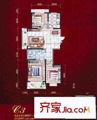 新一代北城國際戶型圖C3戶型圖 3室2廳2衛(wèi)1廚