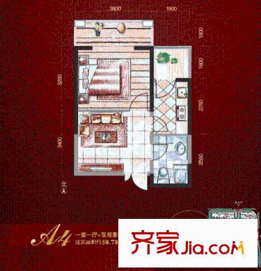 新一代北城國際戶型圖A4戶型圖 1室1廳1衛(wèi)1廚